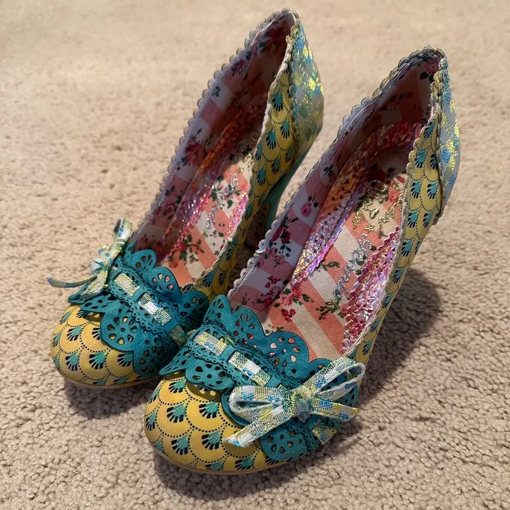 Irregular Choice Yellow and Teal Heels with Bow - Picture 1 of 11